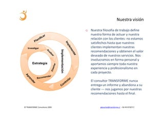 Nuestra visión

                                                 o Nuestra filosofía de trabajo define
                                                   nuestra forma de actuar y nuestra
                                                   relación con los clientes: no estamos
                                                   satisfechos hasta que nuestros
   Investigar                                      clientes implementan nuestras


                                Implementación
                                                   recomendaciones y obtienen el valor
                                                   deseado de nuestros servicios. Nos
                                                   involucramos en forma personal y
        Estrategia                                 aportamos siempre toda nuestra
                                                   experiencia y profesionalismo en
                                                   cada proyecto.

                                                    El consultor TRANSFORME nunca
                                                    entrega un informe y abandona a su
                                                    cliente --- nos jugamos por nuestras
                                                    recomendaciones hasta el final.


© TRANSFORME Consultores 2009                              gbeuchat@transforme.cl +56 99 8730717
 