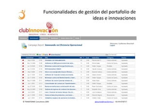 Funcionalidades de gestión del portafolio de
                                             ideas e innovaciones




© TRANSFORME Consultores 2009                 gbeuchat@transforme.cl +56 99 8730717
 