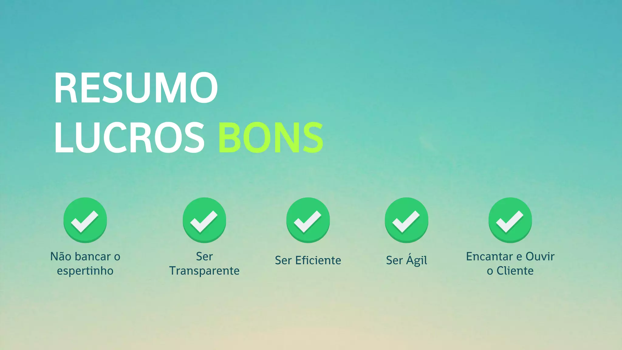 RESUMO
LUCROS BONS
Não bancar o
espertinho
Ser
Transparente
Ser Eficiente Ser Ágil Encantar e Ouvir
o Cliente
 