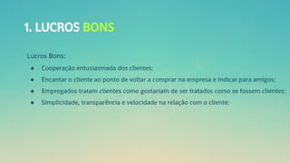 1. LUCROS BONS
Lucros Bons:
● Cooperação entusiasmada dos clientes;
● Encantar o cliente ao ponto de voltar a comprar na empresa e indicar para amigos;
● Empregados tratam clientes como gostariam de ser tratados como se fossem clientes;
● Simplicidade, transparência e velocidade na relação com o cliente;
 