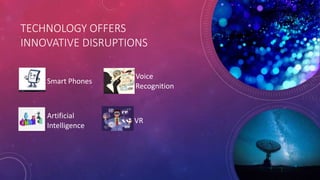 TECHNOLOGY OFFERS
INNOVATIVE DISRUPTIONS
Smart Phones
Voice
Recognition
Artificial
Intelligence
VR
 