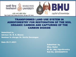 TRANSFORMED LAND USE SYSTEM IN
AGROFORESTRY FOR RESTORATION OF THE SOIL
ORGANIC CARBON AND CAPTURING OF THE
CARBON DIOXIDE
Submitted to,
Advisor: Dr. R. S. Meena
Seminar In charge: Dr. Savita Dewangan
Date 25.11.2021
Submitted by,
Miss. Nalini
M. Sc. (Ag.) Agroforestry
Roll No. 20430AGF015
 