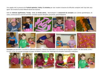 Una vegada més la presencia de l’actitud optimista, l’esforç i la iniciativa per anar resolent situacions de dificultat comptant amb l’ajut dels seus
iguals i de la mestra ha estat rellevant durant tot el procés.
Amb les vivències significatives, l’assaig - error, la mirada atenta… desenvolupem la comprensió de conceptes com: formes geomètriques, els
colors, construcció de la noció de quantitat, conceptes oposats (dins/fora, pocs/molts, gran/mitjà/petit).

Conceptes que apareixen i recordem en diferents moments. L’Ainara ha redescobert i ha recordat que els bigudins rodolen. Per altra banda, la Rita i
la Lucia i el Iker han agrupat rectangles de paper cel·lofana i, sorpresa, han reaparegut els conceptes matemàtics molts/pocs.

 