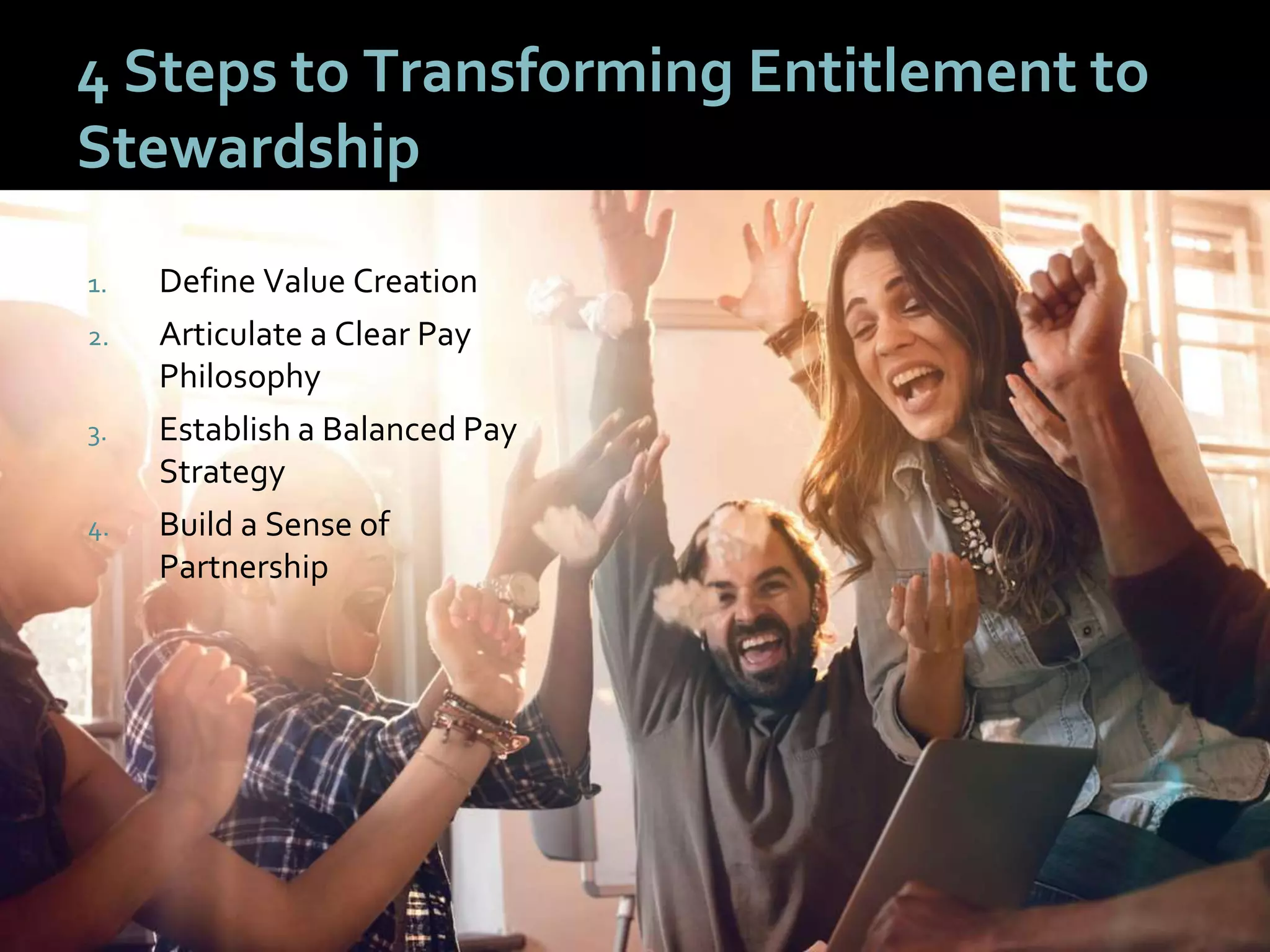 1010
4 Steps to Transforming Entitlement to
Stewardship
1. Define Value Creation
2. Articulate a Clear Pay
Philosophy
3. Establish a Balanced Pay
Strategy
4. Build a Sense of
Partnership
 