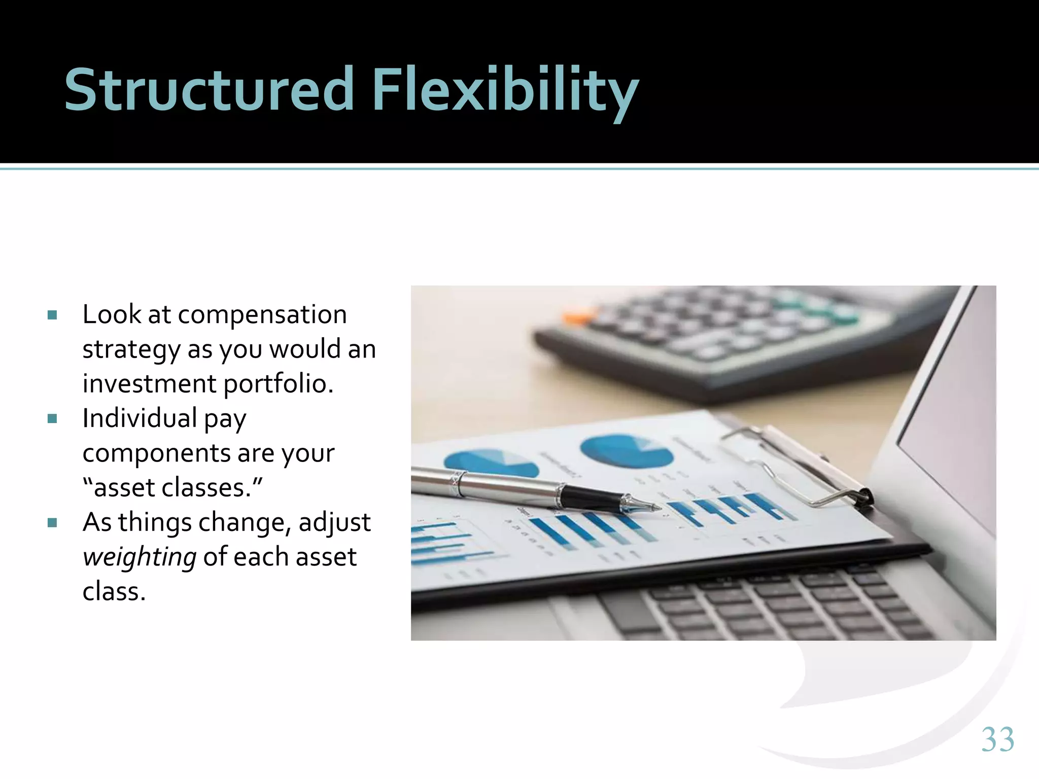 3333
Structured Flexibility
 Look at compensation
strategy as you would an
investment portfolio.
 Individual pay
components are your
“asset classes.”
 As things change, adjust
weighting of each asset
class.
 