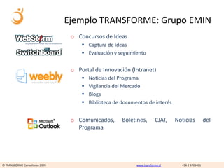 Ejemplo TRANSFORME: Grupo EMIN
                                 o Concursos de Ideas
                                      Captura de ideas
                                      Evaluación y seguimiento


                                 o Portal de Innovación (Intranet)
                                        Noticias del Programa
                                        Vigilancia del Mercado
                                        Blogs
                                        Biblioteca de documentos de interés


                                 o Comunicados,        Boletines,        CJAT,   Noticias          del
                                   Programa




© TRANSFORME Consultores 2009                                www.transforme.cl     +56 2 5709401
 