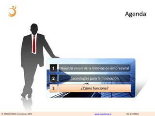 Agenda SCENE




                                1   Nuestra visión de la Innovación empresarial

                                2         Tecnologías para la Innovación

                                3               ¿Cómo funciona?




© TRANSFORME Consultores 2009                            www.transforme.cl   +56 2 5709401
 
