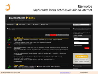 Ejemplos
                                Capturando ideas del consumidor en internet




© TRANSFORME Consultores 2009                      www.transforme.cl   +56 2 5709401
 