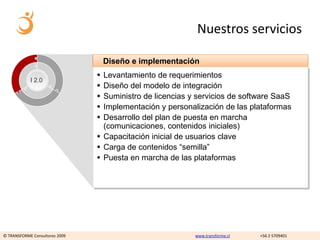 Nuestros servicios

                                    Diseño e implementación
                                 Levantamiento de requerimientos
            I 2.0
                                 Diseño del modelo de integración
                                 Suministro de licencias y servicios de software SaaS
                                 Implementación y personalización de las plataformas
                                 Desarrollo del plan de puesta en marcha
                                  (comunicaciones, contenidos iniciales)
                                 Capacitación inicial de usuarios clave
                                 Carga de contenidos “semilla”
                                 Puesta en marcha de las plataformas




© TRANSFORME Consultores 2009                              www.transforme.cl   +56 2 5709401
 