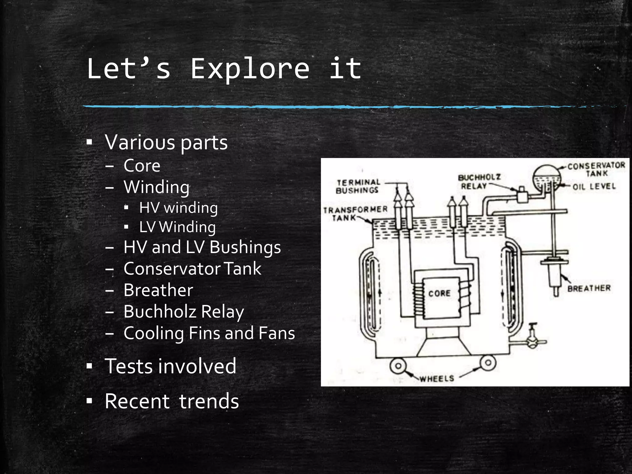Let’s Explore it
▪ Various parts
– Core
– Winding
▪ HV winding
▪ LVWinding
– HV and LV Bushings
– ConservatorTank
– Breather
– Buchholz Relay
– Cooling Fins and Fans
▪ Tests involved
▪ Recent trends
 