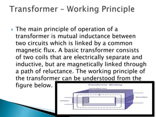 The main principle of operation of a
transformer is mutual inductance between
two circuits which is linked by a common
magnetic flux. A basic transformer consists
of two coils that are electrically separate and
inductive, but are magnetically linked through
a path of reluctance. The working principle of
the transformer can be understood from the
figure below.
 
