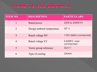 ITEM NO DESCRIPTION PARTICULARS
1 Rated power 2500 & 2000KVA
2 Design ambient temperature 55° c
3 Rated voltage HV 11KV delta connected
4 Rated voltage LV 0.433KV, wye
connected
5 Vector group reference Dyn11
6 Type of cooling ONAN
 