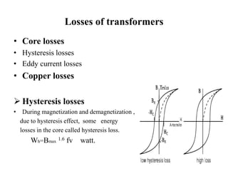 Losses of transformers
• Core losses
• Hysteresis losses
• Eddy current losses
• Copper losses
 Hysteresis losses
• During magnetization and demagnetization ,
due to hysteresis effect, some energy
losses in the core called hysteresis loss.
Wh=Bmax
1.6 fv watt.
 