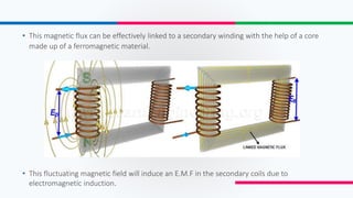 • This magnetic flux can be effectively linked to a secondary winding with the help of a core
made up of a ferromagnetic material.
• This fluctuating magnetic field will induce an E.M.F in the secondary coils due to
electromagnetic induction.
 