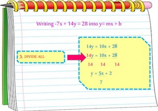 3. DIVIDE ALL
14y = 10x + 28
14y = 10x + 28
14 14 14
y = 5x + 2
7
Writing -7x + 14y = 28 into y=mx + b
 