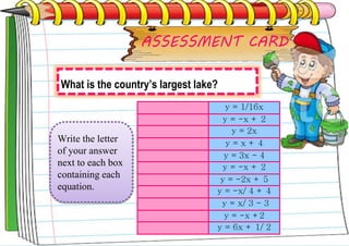 What is the country’s largest lake?
y = 1/16x
y = -x + 2
y = 2x
y = x + 4
y = 3x - 4
y = -x + 2
y = -2x + 5
y = -x/ 4 + 4
y = x/ 3 - 3
y = -x +2
y = 6x + 1/ 2
ASSESSMENT CARD
Write the letter
of your answer
next to each box
containing each
equation.
 