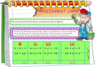 ASSESSMENT CARD
Who was the Greek Mathematician considered as Father of Algebra?
 