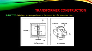 TRANSFORMER CONSTRUCTION
SHELL TYPE : Windings are wrapped around the center leg of a laminated core.
 