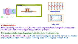 Solid Core
Laminated Core
b) Hysteresis Loss:
When alternating current is passed, the iron core is magnetised and demagnetised repeatedly
over the cycles and some energy is being lost in the process.
This can be minimised by using suitable material with thin hysteresis loop.
4. Losses due to vibration of core: Some electrical energy is lost in the form of mechanical
energy due to vibration of the core and humming noise due to magnetostriction effect.
 