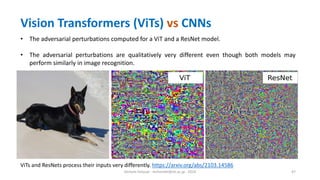 Hichem Felouat - hichemfel@nii.ac.jp - 2024 47
ViTs and ResNets process their inputs very differently. https://arxiv.org/abs/2103.14586
• The adversarial perturbations computed for a ViT and a ResNet model.
• The adversarial perturbations are qualitatively very different even though both models may
perform similarly in image recognition.
Vision Transformers (ViTs) vs CNNs
 