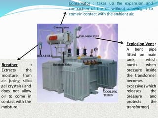Conservator : takes up the expansion and
contraction of the oil without allowing it to
come in contact with the ambient air.
Explosion Vent :
A bent
air (using
Breather :
Extracts the
moisture from
silica
gel crystals) and
does not allow
oil to come in
contact with the
moisture.
fitted
tank,
bursts
pressure
pipe
on main
which
when
inside
the transformer
becomes
excessive (which
releases the
pressure and
protects the
transformer)
 