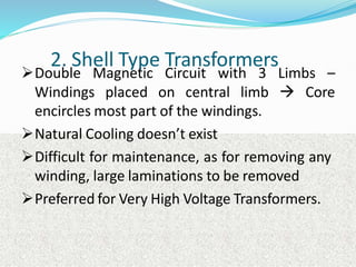 2. Shell Type Transformers
Double Magnetic Circuit with 3 Limbs –
Windings placed on central limb  Core
encircles most part of the windings.
Natural Cooling doesn’t exist
Difficult for maintenance, as for removing any
winding, large laminations to be removed
Preferred for Very High Voltage Transformers.
 