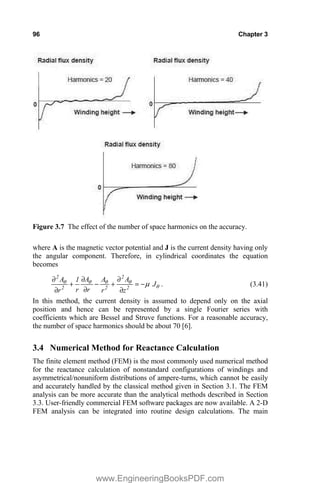 96 Chapter 3
Figure 3.7 The effect of the number of space harmonics on the accuracy.
where A is the magnetic vector potential and J is the current density having only
the angular component. Therefore, in cylindrical coordinates the equation
becomes
T
T
T
T
T
P J
z
A
r
A
r
A
r
1
r
A
2
2
2
2
2

w
w


w
w

w
w
. (3.41)
In this method, the current density is assumed to depend only on the axial
position and hence can be represented by a single Fourier series with
coefficients which are Bessel and Struve functions. For a reasonable accuracy,
the number of space harmonics should be about 70 [6].
3.4 Numerical Method for Reactance Calculation
The finite element method (FEM) is the most commonly used numerical method
for the reactance calculation of nonstandard configurations of windings and
asymmetrical/nonuniform distributions of ampere-turns, which cannot be easily
and accurately handled by the classical method given in Section 3.1. The FEM
analysis can be more accurate than the analytical methods described in Section
3.3. User-friendly commercial FEM software packages are now available. A 2-D
FEM analysis can be integrated into routine design calculations. The main
www.EngineeringBooksPDF.com
 