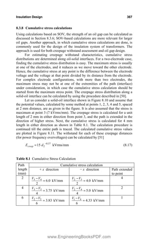 Insulation Design 367
8.3.8 Cumulative stress calculations
Using calculations based on SOV, the strength of an oil gap can be calculated as
discussed in Section 8.3.6; SOV-based calculations are more relevant for larger
oil gaps. Another approach, in which cumulative stress calculations are done, is
commonly used for the design of the insulation system of transformers. The
approach is used for both creepage withstand assessment and oil gap design.
For estimating creepage withstand characteristics, cumulative stress
distributions are determined along oil-solid interfaces. For a two-electrode case,
finding the cumulative stress distribution is easy. The maximum stress is usually
at one of the electrodes, and it reduces as we move toward the other electrode.
Hence, the cumulative stress at any point is the difference between the electrode
voltage and the voltage at that point divided by its distance from the electrode.
For complex electrode configurations, with more than two electrodes, the
maximum stress may not be at one of the extremities of the path (interface)
under consideration, in which case the cumulative stress calculation should be
started from the maximum stress point. The creepage stress distribution along a
solid-oil interface can be calculated by using the procedure described in [50].
Let us consider a solid-oil interface shown in Figure 8.10 and assume that
the potential values, calculated by some method at points 1, 2, 3, 4 and 5, spaced
at 2 mm distance, are as given in the figure. It is also assumed that the stress is
maximum at point 3 (7 kVrms/mm). The creepage stress is calculated for a unit
length of 2 mm in either direction from point 3, and the path is extended in the
direction of higher stress. Next, the cumulative stress is calculated for 4 mm
length in either direction as shown in Table 8.1. The calculation procedure is
continued till the entire path is traced. The calculated cumulative stress values
are plotted in Figure 8.11. The withstand for each of these creepage distances
(for power frequency overvoltages) can be calculated by [51]
37
.
0
2
15 
d
Ecreep kVrms/mm (8.17)
Table 8.1 Cumulative Stress Calculation
Cumulative stress calculation
Path
length
(mm)
+ x direction í x direction Path extended
to point
2
kV/mm
0
.
6
2
4
3 V
V
kV/mm
0
.
4
2
3
2 V
V 4
4
kV/mm
75
.
3
4
5
3 V
V
kV/mm
0
.
5
4
4
2 V
V 2
6
kV/mm
83
.
3
6
5
2 V
V
kV/mm
33
.
4
6
4
1 V
V 1
www.EngineeringBooksPDF.com
 