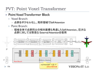 PVT: Point Voxel Transformer
106
 PointVoxelTransformer Block
 Voxel Branch:
 点群をボクセル化し、局所領域でSelf Attention
 Point Branch:
 領域全体で点群同士の相対座標も考慮したSelf Attention。巨大な
点群に対しては簡易な External Attentionを使用
Point Branch
𝑠𝑜𝑓𝑡𝑚𝑎𝑥 𝑄𝐾𝑇
+ 𝐵 ∙ 𝑉
点同士の相対位置
 
