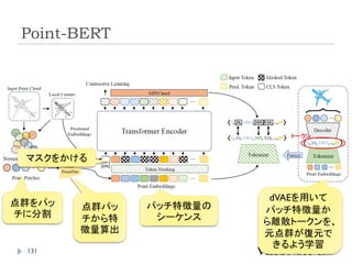 Point-BERT
131
点群をパッ
チに分割
dVAEを用いて
パッチ特徴量か
ら離散トークンを、
元点群が復元で
きるよう学習
トークン
点群パッ
チから特
徴量算出
パッチ特徴量の
シーケンス
マスクをかける
 