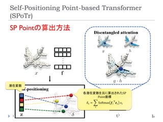 Self-Positioning Point-based Transformer
(SPoTr)
156
SP Pointの算出方法
潜在変数
各潜在変数を元に算出されたSP
Point座標
𝛿𝑠 = ෍
𝑖
Softmax 𝒇𝑖
T
𝒛𝑠 𝑥𝑖
 