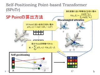 Self-Positioning Point-based Transformer
(SPoTr)
157
SP Pointの算出方法
SP Pointに近い点ほど大きい重み
𝑔 𝛿𝑠, 𝑥𝑖 = exp −𝛾 𝛿𝑠 − 𝑥𝑖
2
潜在変数に近い特徴ほど大きい重み
ℎ 𝒛𝑠, 𝒇𝑖 =
exp 𝒇𝑖
T
𝒛𝑠
σ𝑗 exp 𝒇𝑗
T
𝒛𝑠
各SP Pointの特徴ベクトル
𝝍𝑠 = ෍
𝑖
𝑔 𝛿𝑠, 𝑥𝑖 ∙ ℎ 𝒛𝑠, 𝒇𝑖 ∙ 𝒇𝑖
 