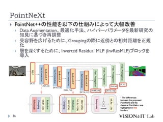 PointNeXt
36
 PointNet++の性能を以下の仕組みによって大幅改善
 Data Augmentation、最適化手法、ハイパーパラメータを最新研究の
知見に基づき再調整
 受容野を広げるために、Groupingの際に近傍との相対距離を正規
化
 層を深くするために、Inverted Residual MLP (InvResMLP)ブロックを
導入
 
