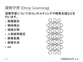 深層学習 (Deep Learning)
8
深層学習についてのコンサルティングや開発支援などを
行います。
 画像識別
 物体検出
 領域分割
 人物姿勢推定
 画像変換
 画像生成
 etc
 