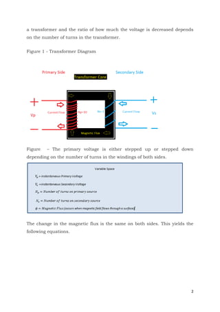 2
a transformer and the ratio of how much the voltage is decreased depends
on the number of turns in the transformer.
Figure 1 - Transformer Diagram
Figure – The primary voltage is either stepped up or stepped down
depending on the number of turns in the windings of both sides.
The change in the magnetic flux is the same on both sides. This yields the
following equations.
 