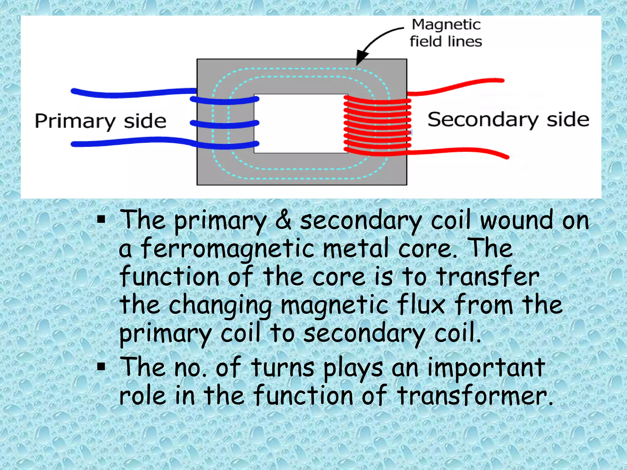  The primary & secondary coil wound on 
a ferromagnetic metal core. The 
function of the core is to transfer 
the changing magnetic flux from the 
primary coil to secondary coil. 
 The no. of turns plays an important 
role in the function of transformer. 
 