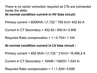 There is no vector correction required as CTs are connected
inside the delta.
At normal condition current in HV bias circuit:
Primary current = 600MVA / (1.732 * 765 kV)= 452.83 A
Current in CT Secondary = 452.83 / 500 A= 0.906
Required Ratio compensation = 1 / 0.754= 1.104
At normal condition current in LV bias circuit :
Primary current = 600 MVA / (1.732 * 21kV)= 16,496.2 A
Current in CT Secondary = 16496 / 10825= 1.524 In
Required Ratio compensation = 1 / 1.524= 0.656
 