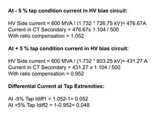 At - 5 % tap condition current in HV bias circuit:
HV Side current = 600 MVA / (1.732 * 726.75 kV)= 476.67A
Current in CT Secondary = 476.67x 1.104 / 500
With ratio compensation = 1.052
At + 5 % tap condition current in HV bias circuit:
HV Side current = 600 MVA / (1.732 * 803.25 kV)= 431.27 A
Current in CT Secondary = 431.27 x 1.104 / 500
With ratio compensation = 0.952
Differential Current at Tap Extremities:
At -5% Tap Idiff1 = 1.052-1= 0.052
At +5% Tap Idiff2 = 1-0.952= 0.048
 