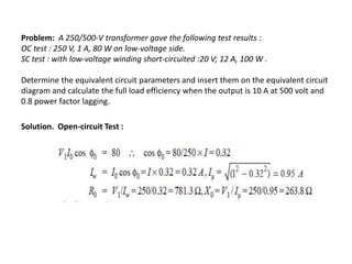 Problem: A 250/500-V transformer gave the following test results :
OC test : 250 V, 1 A, 80 W on low-voltage side.
SC test : with low-voltage winding short-circuited :20 V; 12 A, 100 W .
Determine the equivalent circuit parameters and insert them on the equivalent circuit
diagram and calculate the full load efficiency when the output is 10 A at 500 volt and
0.8 power factor lagging.
Solution. Open-circuit Test :
 