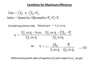 Condition for Maximum Efficiency
Considering primary side,
or, η
….. (1)
Differentiating both sides of equation (1) with respect to 𝐼1, we get
 