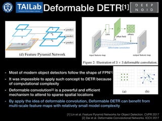Deformable DETR[1]
[1] Lin et al. Feature Pyramid Networks for Object Detection. CVPR 2017

[2] Dai et al. Deformable Convolutional Networks. ICCV 2017
- Most of modern object detectors follow the shape of FPN[1]
- It was impossible to apply such concept to DETR because
of computational complexity
- Deformable convolution[2] is a powerful and efficient
mechanism to attend to sparse spatial locations
- By apply the idea of deformable convolution, Deformable DETR can benefit from
multi-scale feature maps with relatively small model complexity
 