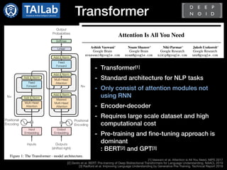 Transformer
[1] Vaswani et al. Attention is All You Need. NIPS 2017

[2] Devlin et al. BERT: Pre-training of Deep Bidirectional Transformers for Language Understanding. NAACL 2019

[3] Radford et al. Improving Language Understanding by Generative Pre-Training. Technical Report 2019
- Transformer[1]
- Standard architecture for NLP tasks
- Only consist of attention modules not
using RNN
- Encoder-decoder
- Requires large scale dataset and high
computational cost
- Pre-training and fine-tuning approach is
dominant
: BERT[2] and GPT[3]
 