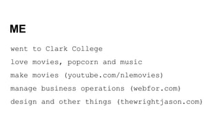 ME
went to Clark College
love movies, popcorn and music
make movies (youtube.com/nlemovies)
manage business operations (we...