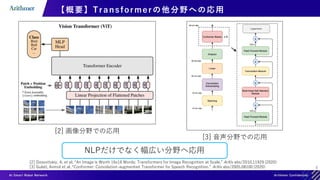 5
【概要】Transformerの他分野への応用
[2] Dosovitskiy, A. et al. “An Image is Worth 16x16 Words: Transformers for Image Recognition at Scale.” ArXiv abs/2010.11929 (2020)
[3] Gulati, Anmol et al. “Conformer: Convolution-augmented Transformer for Speech Recognition.” ArXiv abs/2005.08100 (2020)
[2] 画像分野での応用
[3] 音声分野での応用
NLPだけでなく幅広い分野へ応用
 