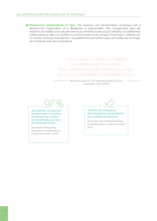 8
n  Plateformes collaboratives en ligne. Par essence, une transformation numérique vise à
décloisonner l’organisation et à développer la transversalité. Ces changements dans les
manières de travailler sont culturels mais ils peuvent être soutenus par l’utilisation de plateformes
collaboratives en ligne qui facilitent la communication et le partage d’information. Utilisées par
un nombre croissant d’entreprises, ces plateformes permettent aussi de fluidifier les échanges
de l’entreprise avec son écosystème.
44
« Il y a 20 ans, on avait une vingtaine
de variables pour les voitures
alors qu’on tourne à des milliers aujourd’hui,
idem pour l’électronique et les smartphones. »
Bernhard Quendt, CTO Siemens Digital Factory.
paperJam, 26/01/2016.
Les grandes tendances induites par le numérique
des grandes entreprises
pensent que l’innovation
numérique est critique
ou importante pour leur
performance future.
Accenture, Harnessing
the power of entrepreneurs
to open innovation, 20143
.
97 % réservoir de croissance
des entreprises qui accélèrent
leur mutation numérique.
Accenture, Harnessing the power
of entrepreneurs to open innovation,
20144
.
x2
 