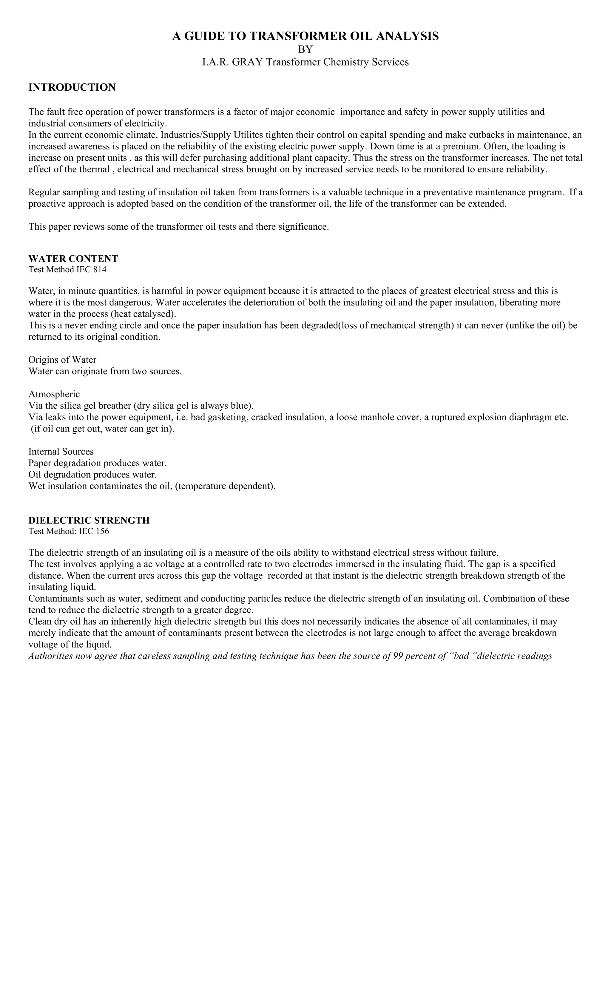 Transformer oil analysis | PDF