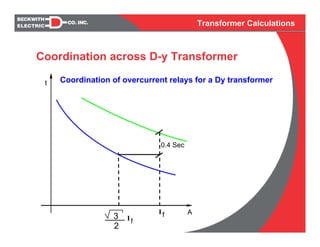 Transformer Calculations
A
t
If
2
3
If
0.4 Sec
Coordination of overcurrent relays for a Dy transformer
Coordination across D-y Transformer
 