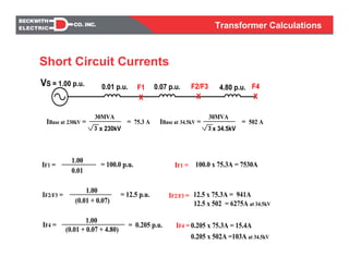 Transformer Calculations
0.01 p.u. 0.07 p.u. 4.80 p.u.VS = 1.00 p.u. F1
X
F2/F3
X
F4
X
IBase at 230kV =
30MVA
3 x 230kV
= 75.3 A IBase at 34.5kV =
30MVA
3 x 34.5kV
= 502 A
IF1 =
IF2/F3 =
IF4 =
= 100.0 p.u.
= 12.5 p.u.
= 0.205 p.u.
0.01
(0.01 + 0.07)
(0.01 + 0.07 + 4.80)
1.00
1.00
1.00
IF1 = 100.0 x 75.3A = 7530A
12.5 x 75.3A = 941A
0.205 x 502A =103A at 34.5kV
IF4 =
IF2/F3 =
12.5 x 502 = 6275A at 34.5kV
0.205 x 75.3A = 15.4A
Short Circuit Currents
 