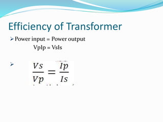 Efficiency of Transformer
Power input = Power output
VpIp = VsIs

 