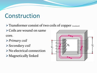 Construction
Transformer consist of two coils of copper (insulated)
Coils are wound on same
core.
Primary coil
Secondary coil
No electrical connection
Magnetically linked
 